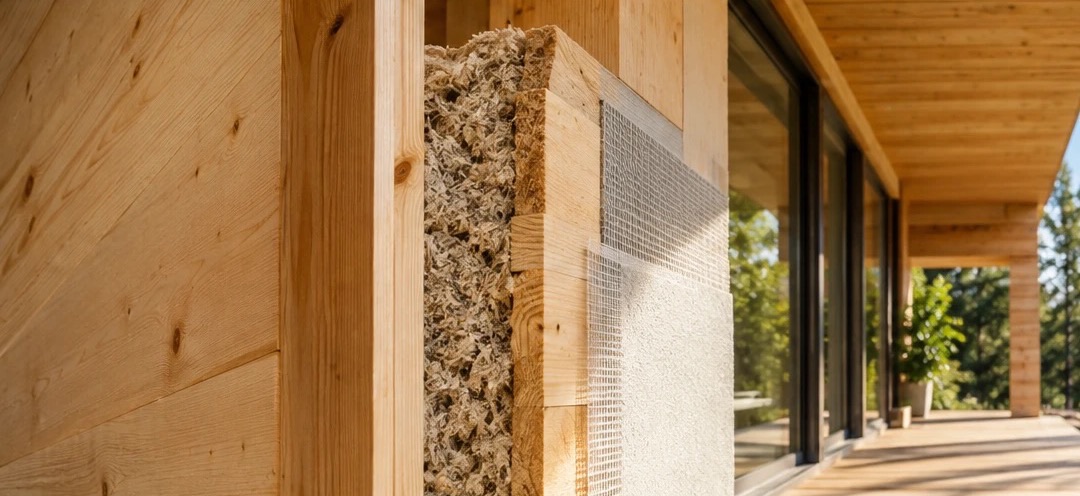 Sezione di parete in legno con isolante naturale in fibra e intonaco