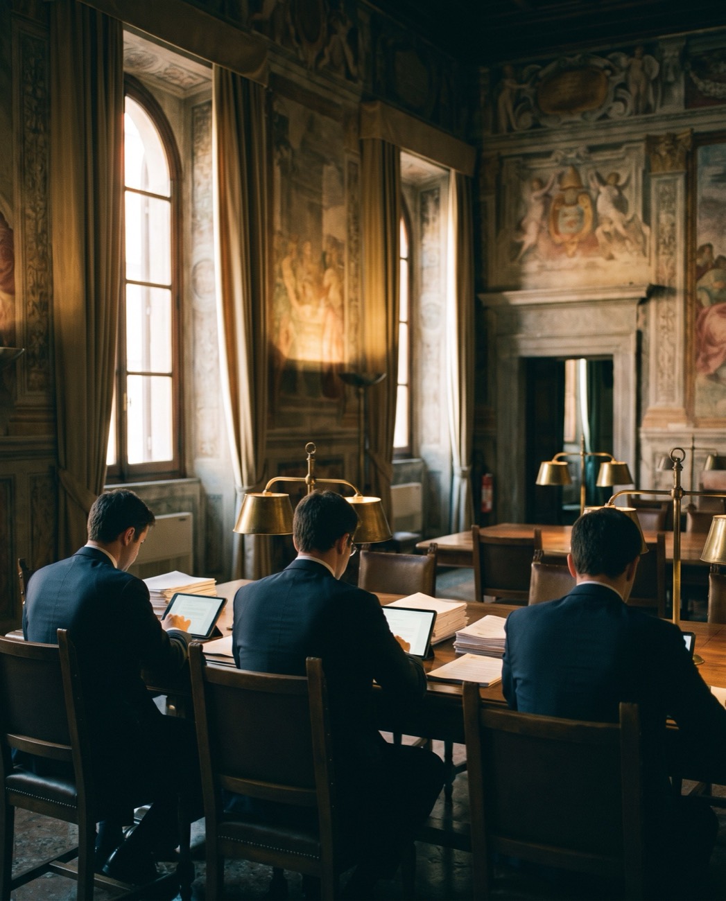 Professionisti al lavoro in una sala affrescata di un palazzo romano